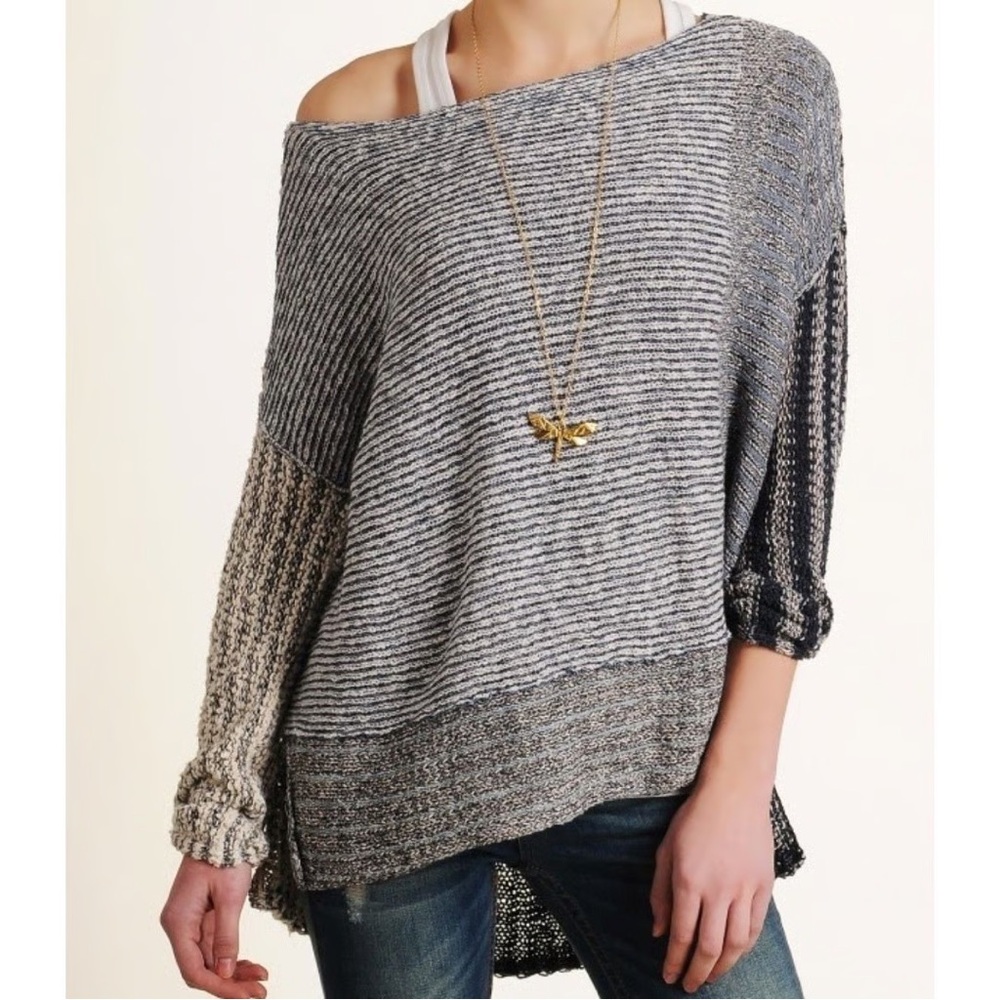 Free People oversized knit sweater patchwork blue & cream small